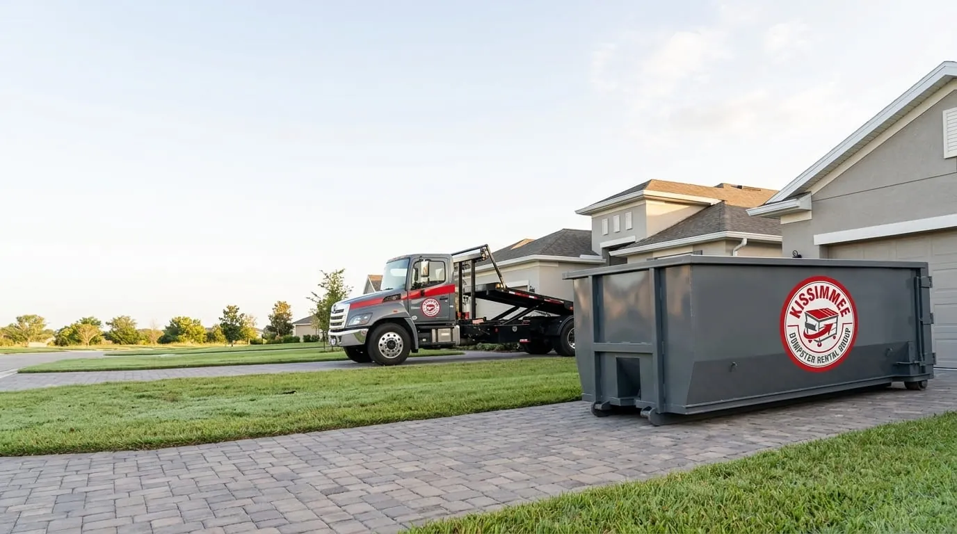 Roll-off dumpster positioned on a paver driveway with the delivery truck behind, Kissimmee, Florida Roll-off dumpster positioned on a paver driveway with the delivery truck behind, Kissimmee, Florida