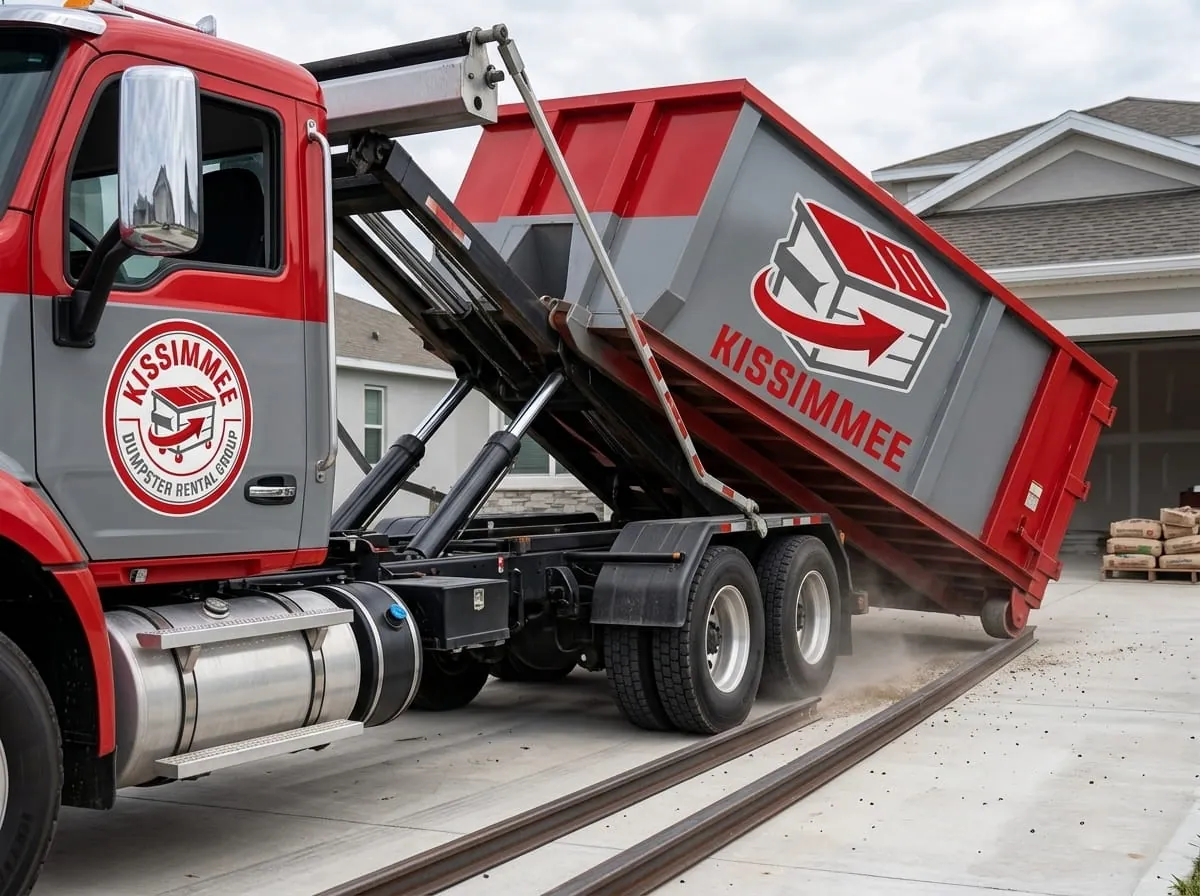 Roll-off truck tipping its bed to set down a dumpster for demolition debris in Kissimmee, Florida Roll-off truck tipping its bed to set down a dumpster for demolition debris in Kissimmee, Florida