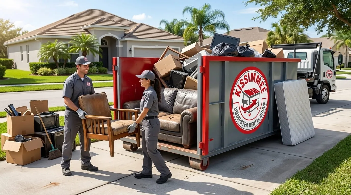 Furniture and household contents being cleared into a dumpster during an estate cleanout in Kissimmee, Florida