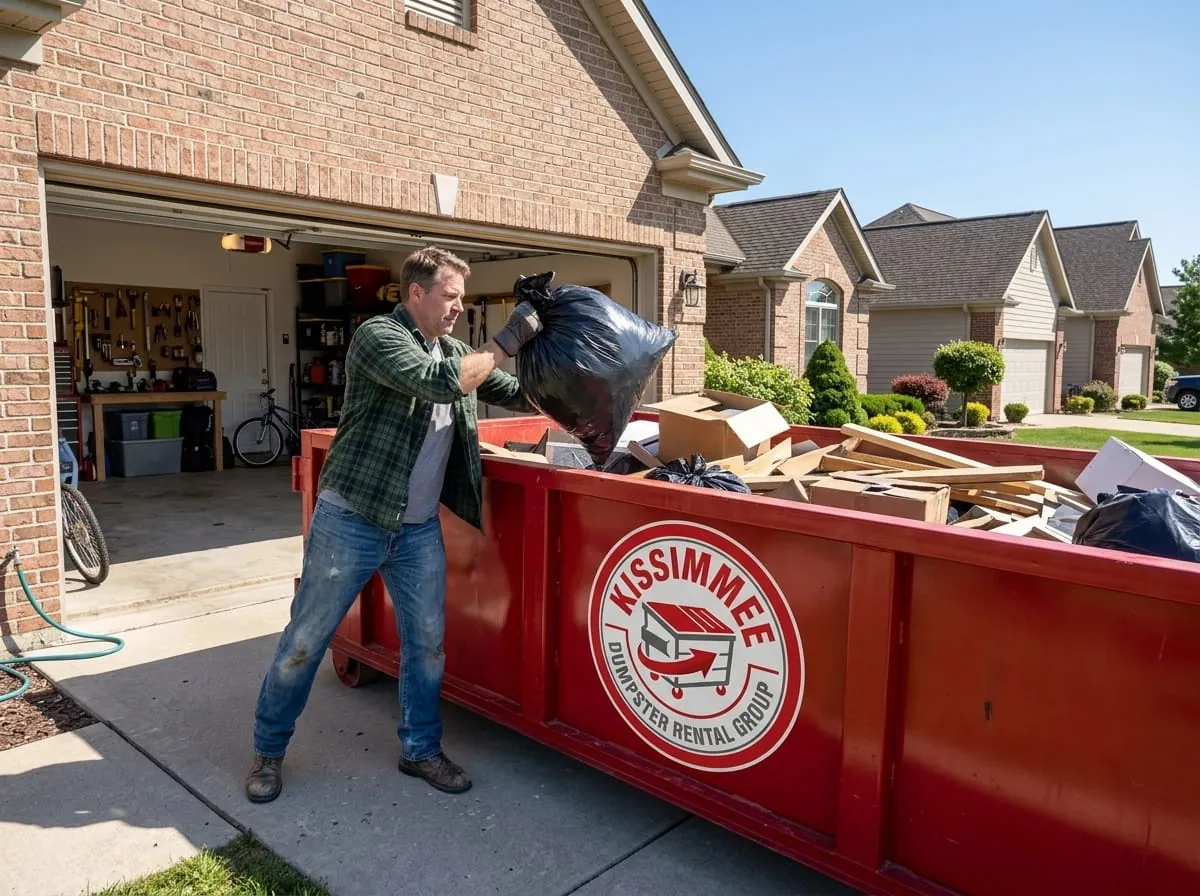 Homeowner loading bagged debris into a red roll-off dumpster on a driveway in Kissimmee, Florida Homeowner loading bagged debris into a red roll-off dumpster on a driveway in Kissimmee, Florida